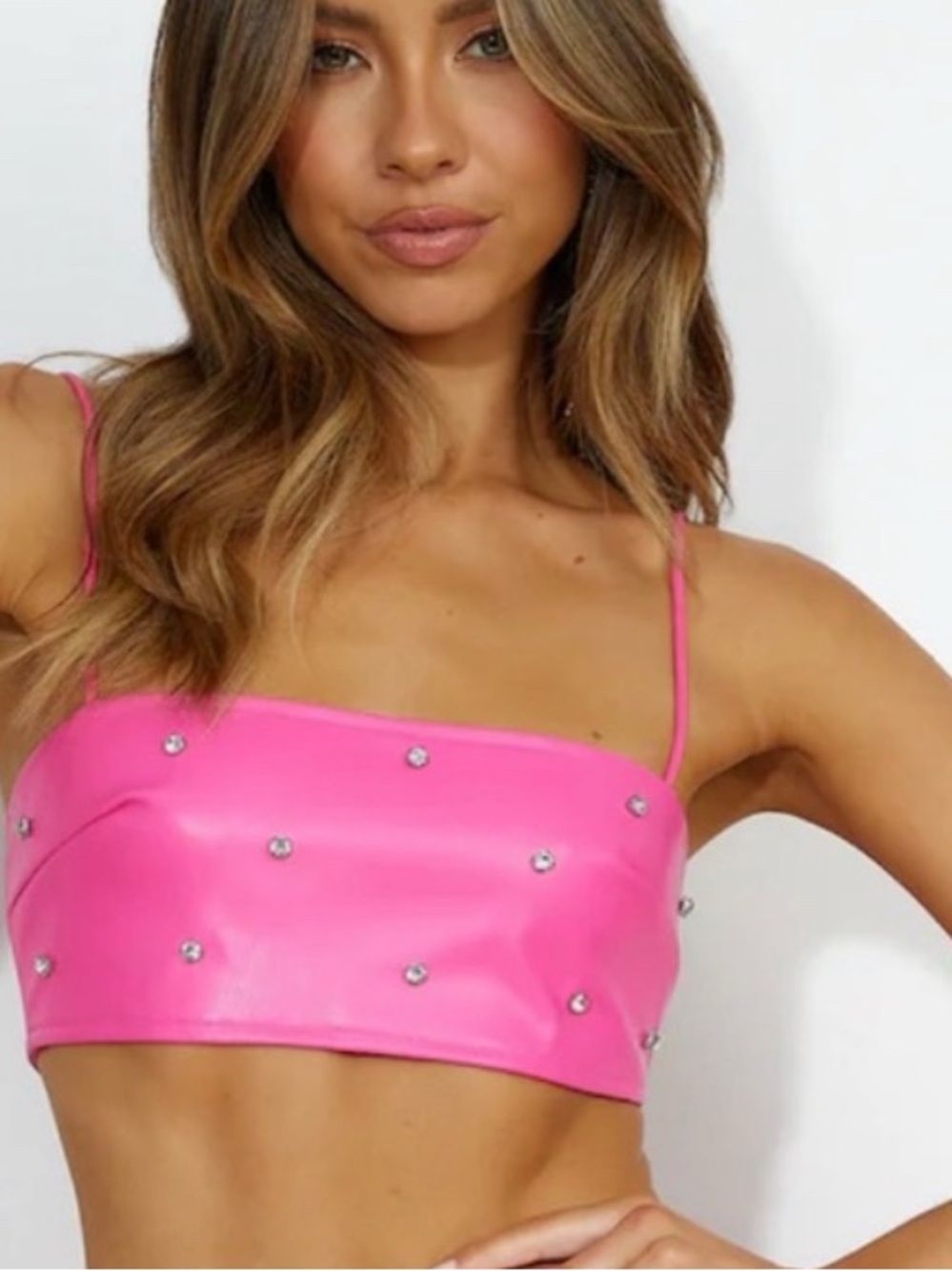 Hello Molly Hot Pink Embellished faux leather Strap Crop Top